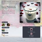 Love Potion #9 scent notes — Plum, Saffron, Cypress, and Cinnamon paired with Garnet and Rose Quartz crystals. Evolve Botanica Rocks candle: 11 oz soy wax, wood wick, reusable glass.