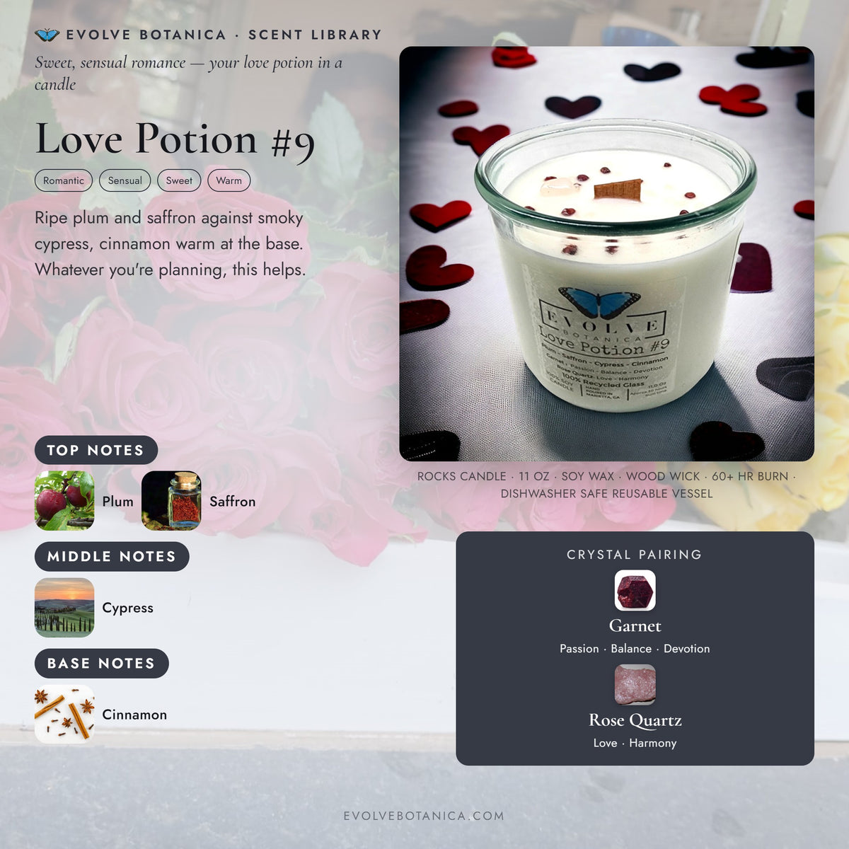 Love Potion #9 scent notes — Plum, Saffron, Cypress, and Cinnamon paired with Garnet and Rose Quartz crystals. Evolve Botanica Rocks candle: 11 oz soy wax, wood wick, reusable glass.