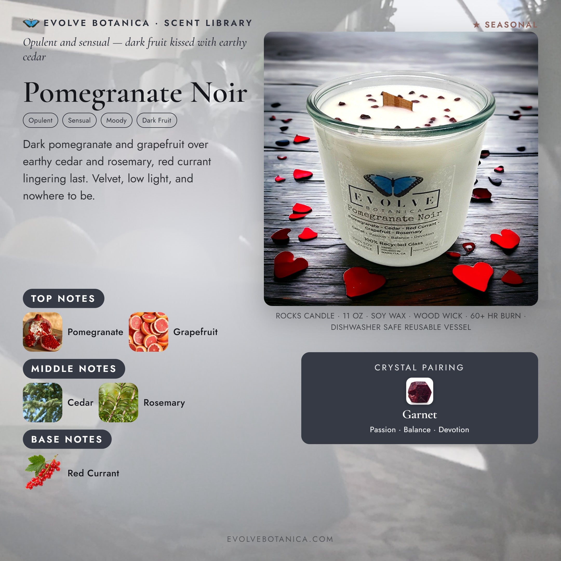 Pomegranate Noir scent notes — Pomegranate, Cedar, Red Currant, Grapefruit, and Rosemary paired with a Garnet crystal. Evolve Botanica Rocks candle: 11 oz soy wax, wood wick, reusable glass.