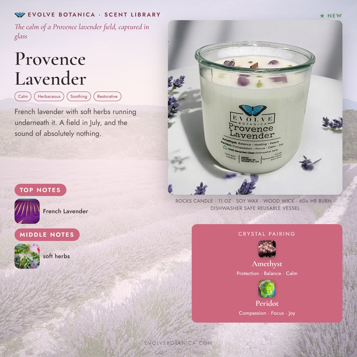 Provence Lavender scent notes — French Lavender and soft herbs paired with Amethyst and Peridot crystals. Evolve Botanica Rocks candle: 11 oz soy wax, wood wick, reusable glass.