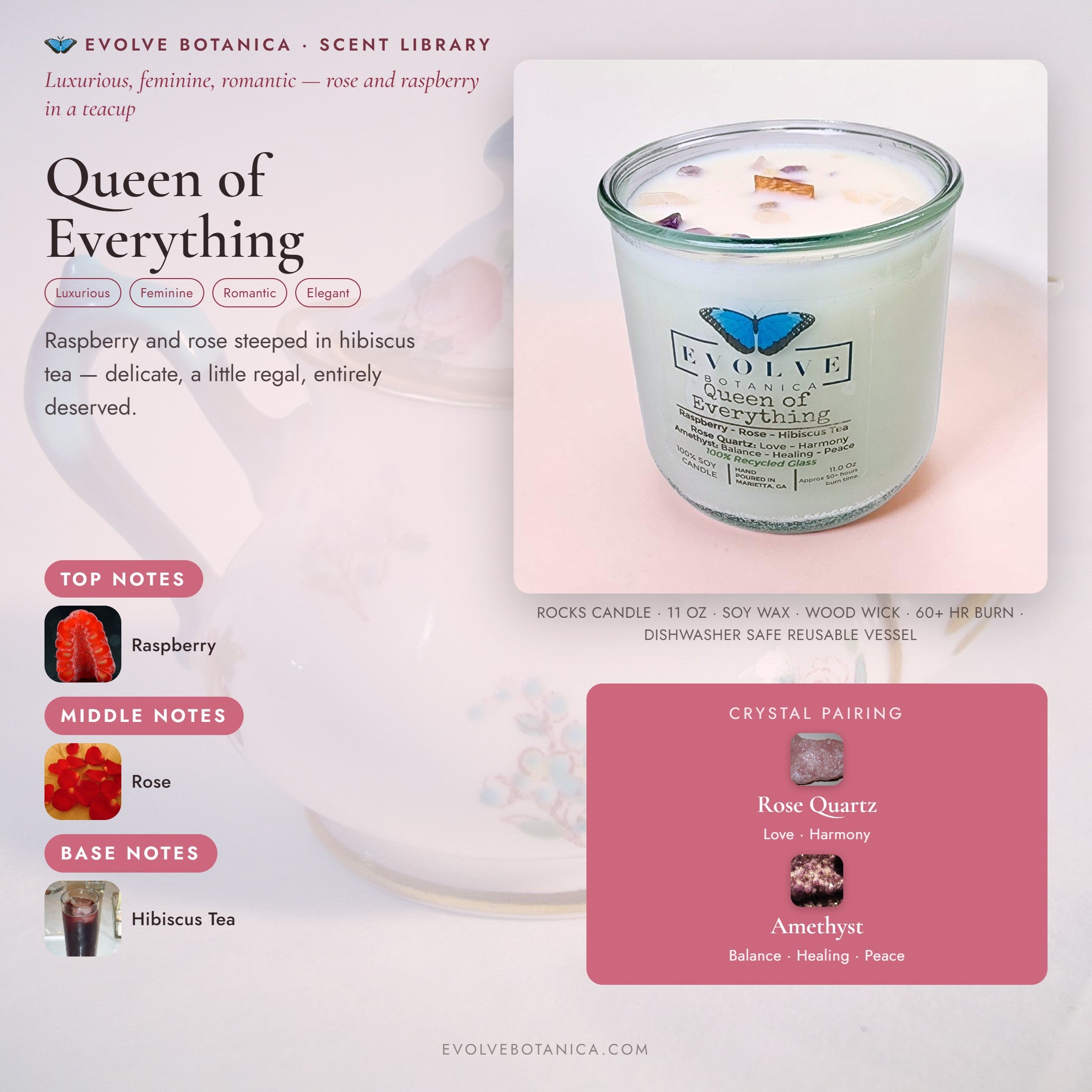 Queen of Everything scent notes — Raspberry, Rose, and Hibiscus Tea paired with Rose Quartz and Amethyst crystals. Evolve Botanica Rocks candle: 11 oz soy wax, wood wick, reusable glass.