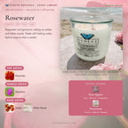 Rosewater scent notes — Rosewater, Geranium, Amber, and White Woods paired with Rose Quartz and Moonstone crystals. Evolve Botanica Rocks candle: 11 oz soy wax, wood wick, reusable glass.