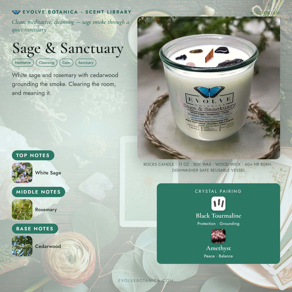 Sage & Sanctuary scent notes — White Sage, Rosemary, and Cedarwood paired with Black Kyanite, Black Tourmaline, Obsidian, Amethyst, and Labradorite crystals. Evolve Botanica Rocks candle: 11 oz soy wax, wood wick, reusable glass.