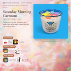 Saturday Morning Cartoons scent notes — Cherry, Citrus Zest, Strawberry, Sweet Cream, Sugared Oats, and Soft Vanilla. Evolve Botanica Rocks candle: 11 oz soy wax, wood wick, reusable glass.