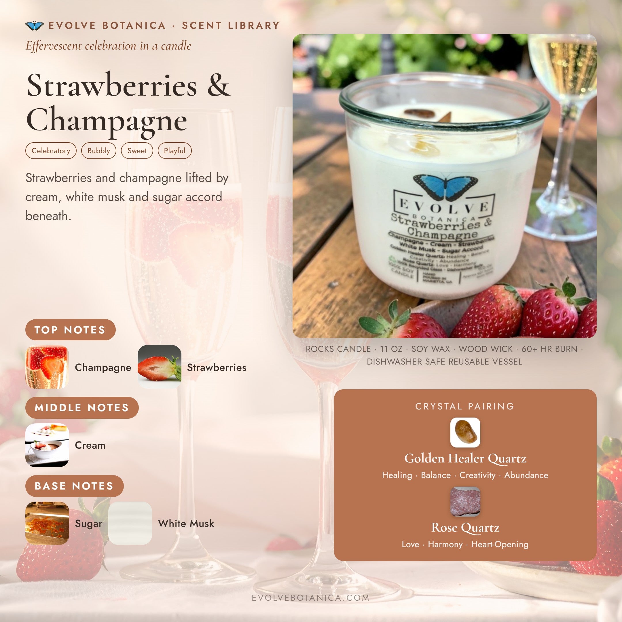 Strawberries & Champagne scent notes — Champagne, Cream, Strawberries, White Musk, and Sugar Accord paired with Golden Healer Quartz and Rose Quartz crystals. Evolve Botanica Rocks candle: 11 oz soy wax, wood wick, reusable glass.