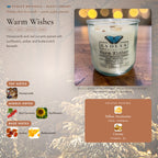 Warm Wishes scent notes — Honeycomb, Red Currants, Sunflowers, Amber, and Butterscotch paired with Yellow Aventurine and Citrine crystals. Evolve Botanica Rocks candle: 11 oz soy wax, wood wick, reusable glass.