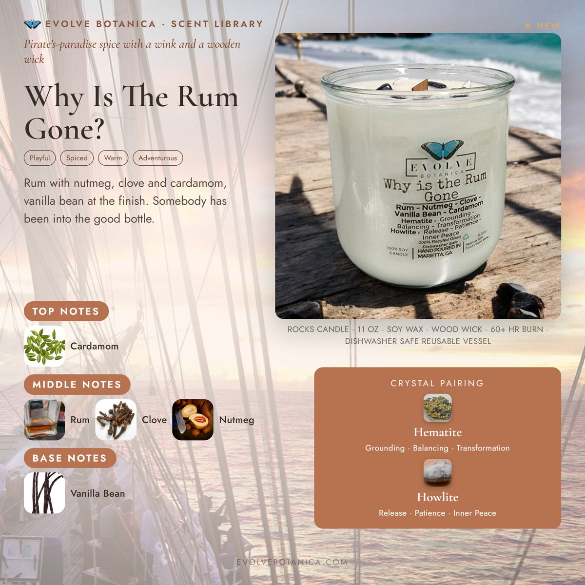 Why Is The Rum Gone? scent notes — Rum, Nutmeg, Clove, Vanilla Bean, and Cardamom paired with Hematite and Howlite crystals. Evolve Botanica Rocks candle: 11 oz soy wax, wood wick, reusable glass.