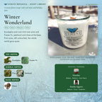 Winter Wonderland scent notes — Eucalyptus, Pine, Patchouli, Clove, and Frasier Fir paired with Howlite and Smoky Quartz crystals. Evolve Botanica Rocks candle: 11 oz soy wax, wood wick, reusable glass.