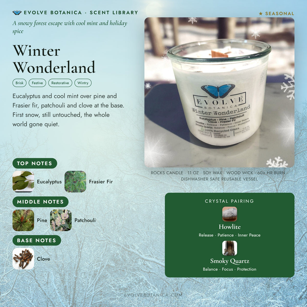 Winter Wonderland scent notes — Eucalyptus, Pine, Patchouli, Clove, and Frasier Fir paired with Howlite and Smoky Quartz crystals. Evolve Botanica Rocks candle: 11 oz soy wax, wood wick, reusable glass.