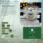 Witch Woods scent notes — Pine, Cypress, Oakmoss, Cedarwood, Cinnamon Bark, and Juniper Berry paired with Black Tourmaline and Ruby Zoisite crystals. Evolve Botanica Rocks candle: 11 oz soy wax, wood wick, reusable glass.