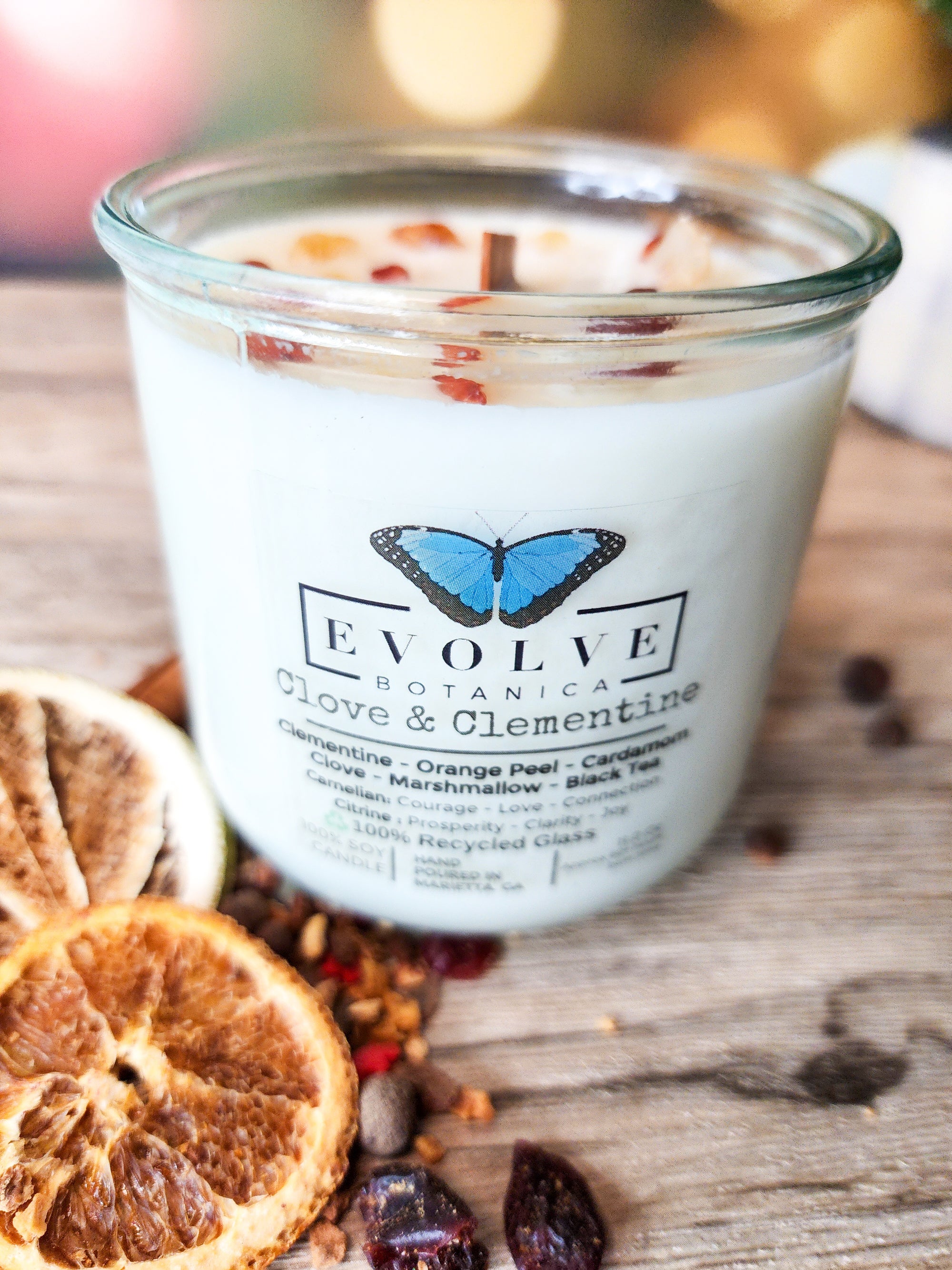 Rocks Candle - Clove & Clementine (Wood Wick, Carnelian & Citrine, Soy Candle)