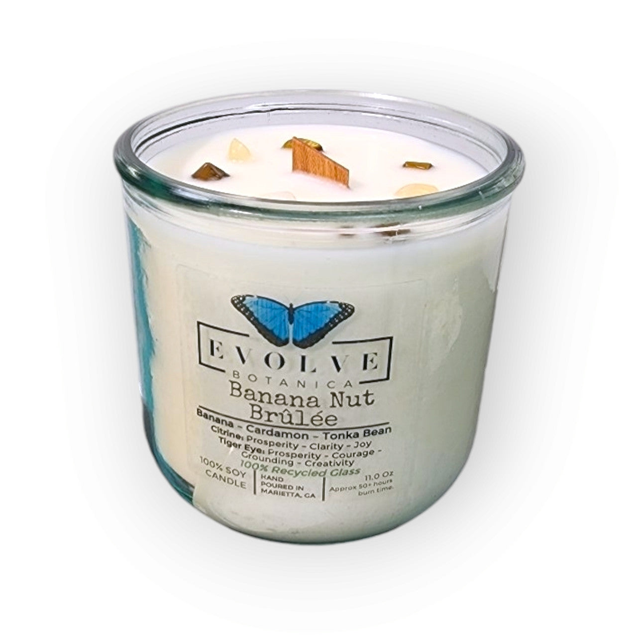 Evolve Botanica Rocks Candle - Banana Nut Brulee (Wood Wick Citrine & Tiger Eye Gemstone Soy Candle)