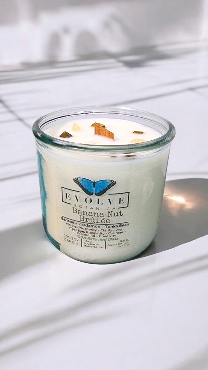 Evolve Botanica Rocks Candle - Banana Nut Brulee (Wood Wick Citrine & Tiger Eye Gemstone Soy Candle)