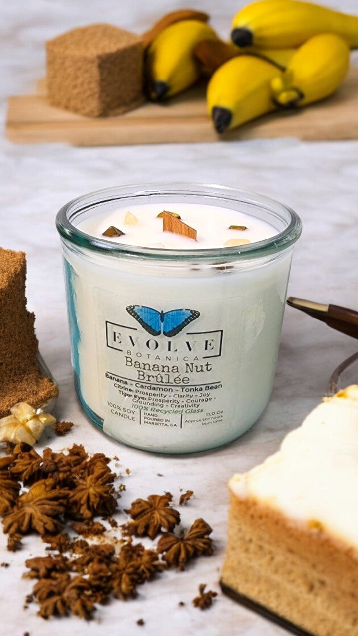 Banana Nut Brulee Rocks candle side view showing Citrine & Tiger Eye crystals
