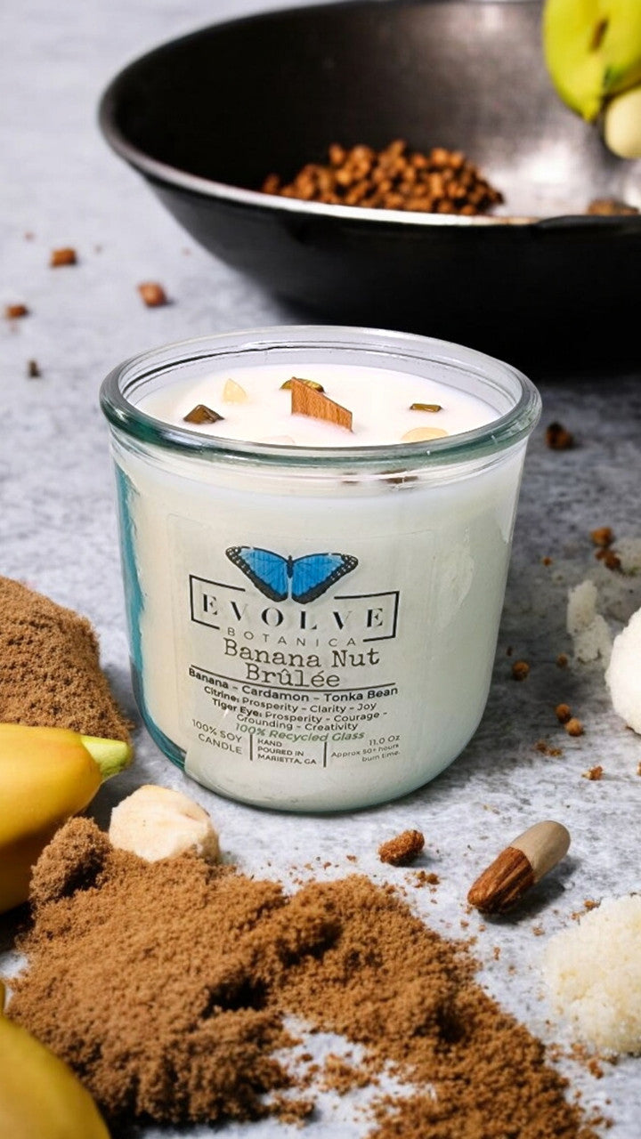 Banana Nut Brulee candle top-down — wood wick with dual crystals, bakery scent