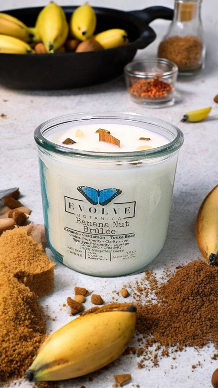 Evolve Botanica Rocks Candle - Banana Nut Brulee (Wood Wick Citrine & Tiger Eye Gemstone Soy Candle)