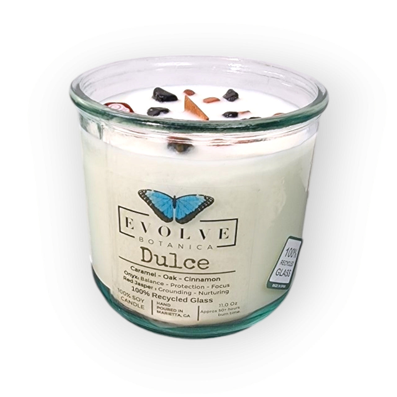 Dulce candle from above showing handcrafted golden soy wax