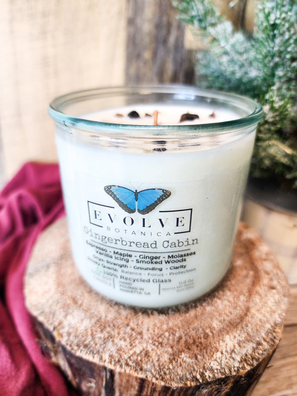 Evolve Botanica Rocks Candle - Gingerbread Cabin (Wood Wick, Onyx & Smoky Quartz, Soy Candle)