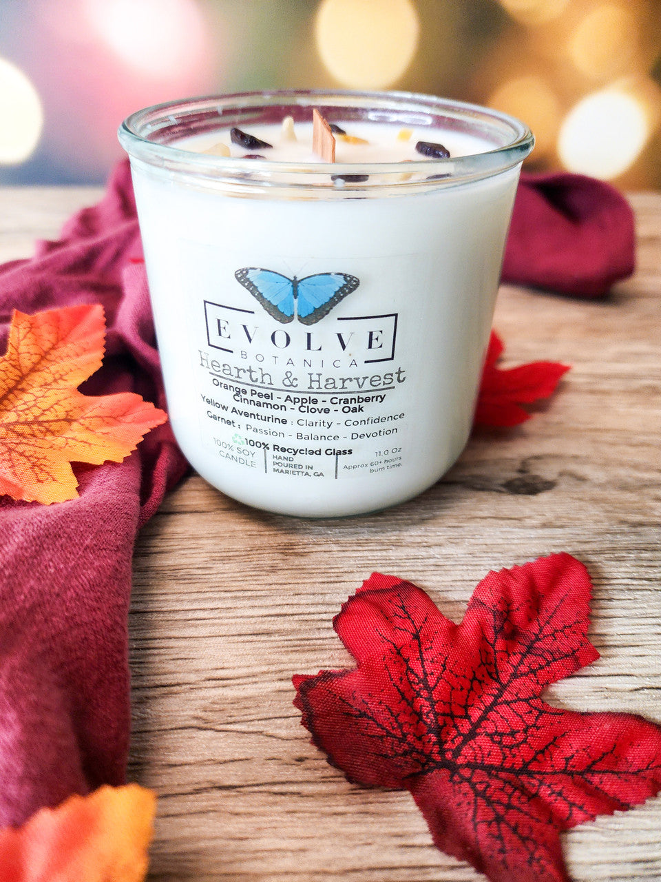 Evolve Botanica Rocks Candle - Hearth & Harvest (Wood Wick, Yellow Aventurine & Garnet, Soy Candle)