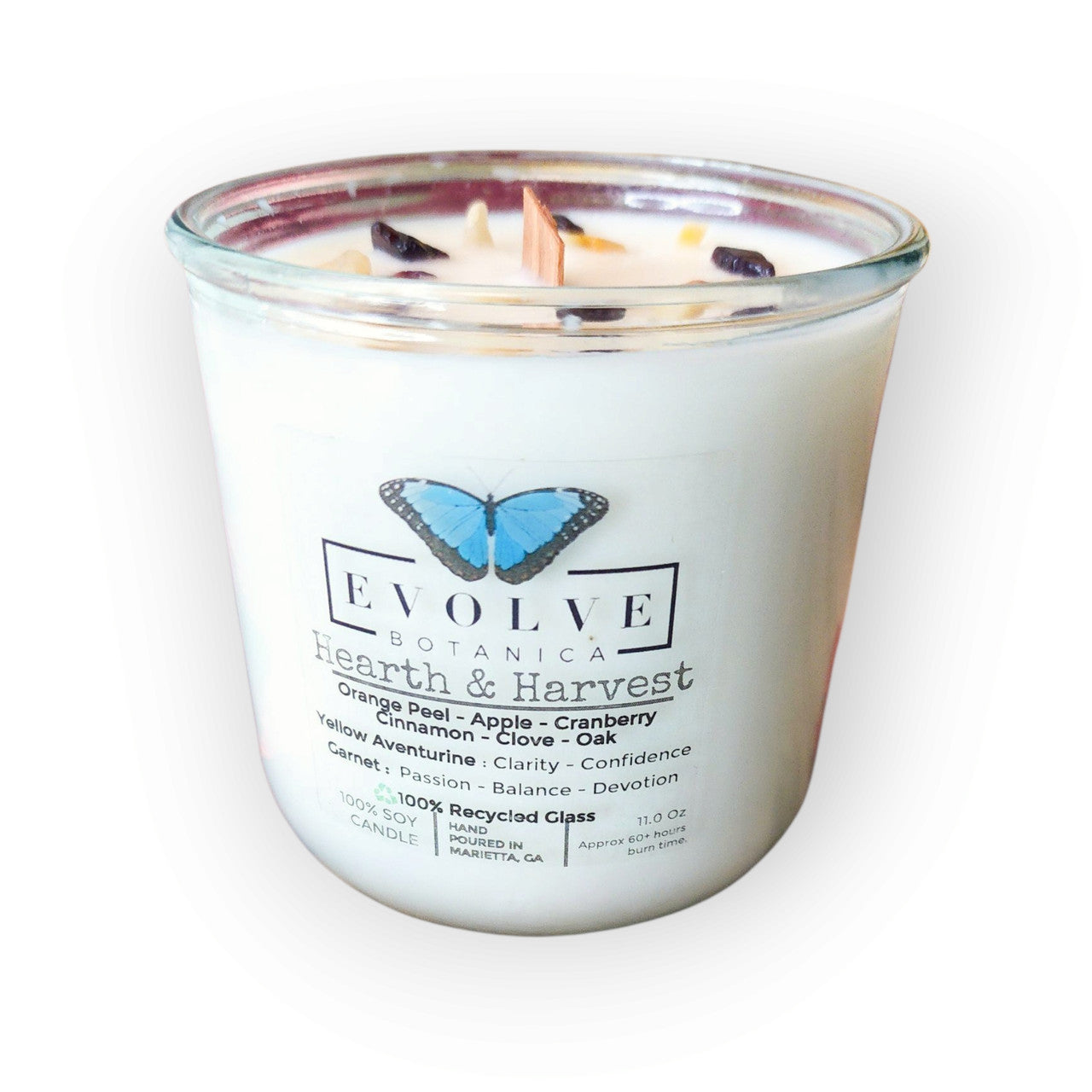 Evolve Botanica Rocks Candle - Hearth & Harvest (Wood Wick, Yellow Aventurine & Garnet, Soy Candle)