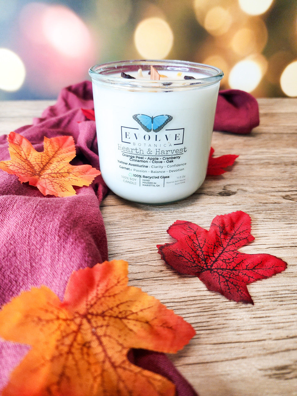 Evolve Botanica Rocks Candle - Hearth & Harvest (Wood Wick, Yellow Aventurine & Garnet, Soy Candle)