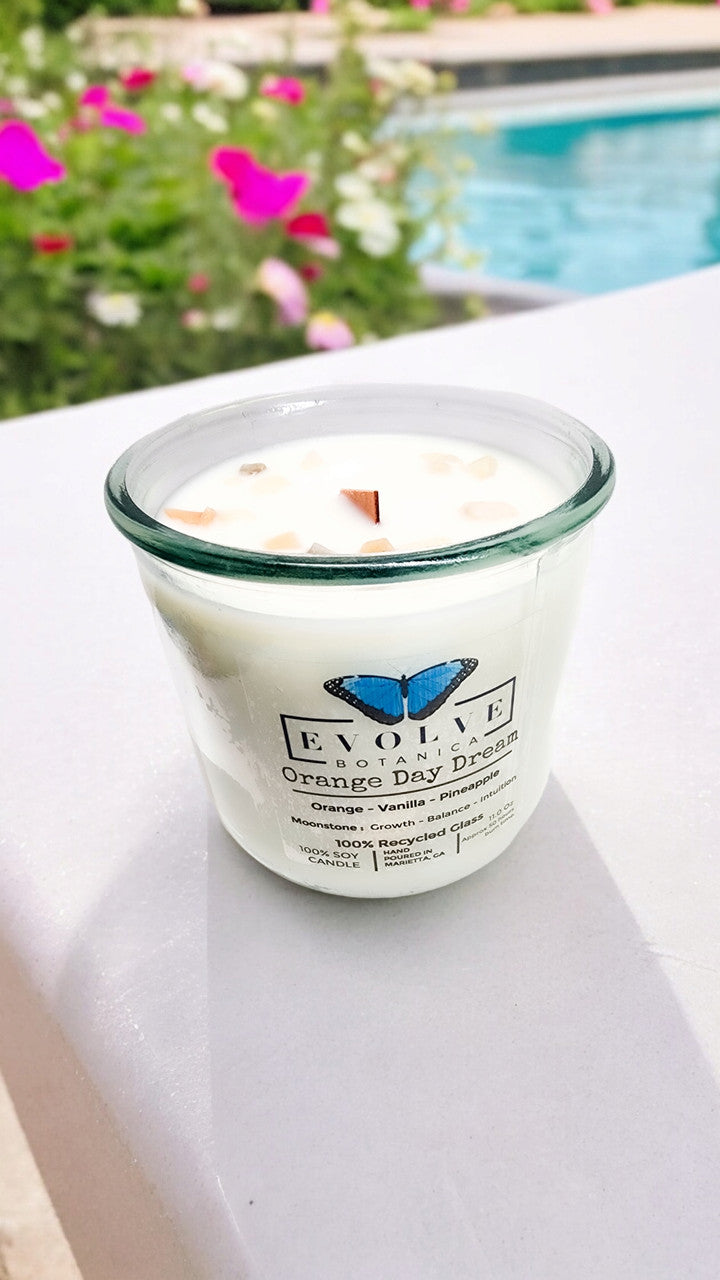Orange Day Dream candle top-down — wood wick, crystal-topped Creamsicle scent