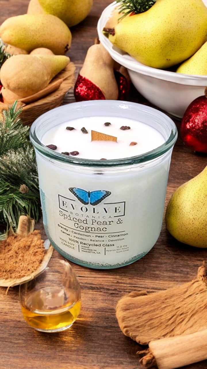 Evolve Botanica Rocks Candle - Spiced Pear & Cognac (Wood Wick Garnet Gemstone Soy Candle)