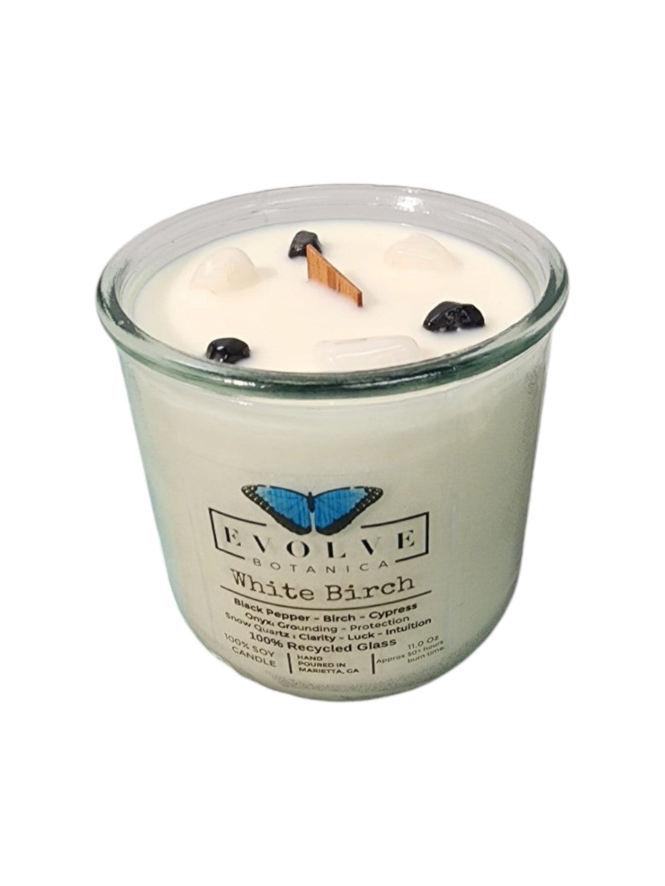 White Birch candle from above showing pale soy wax and crystals