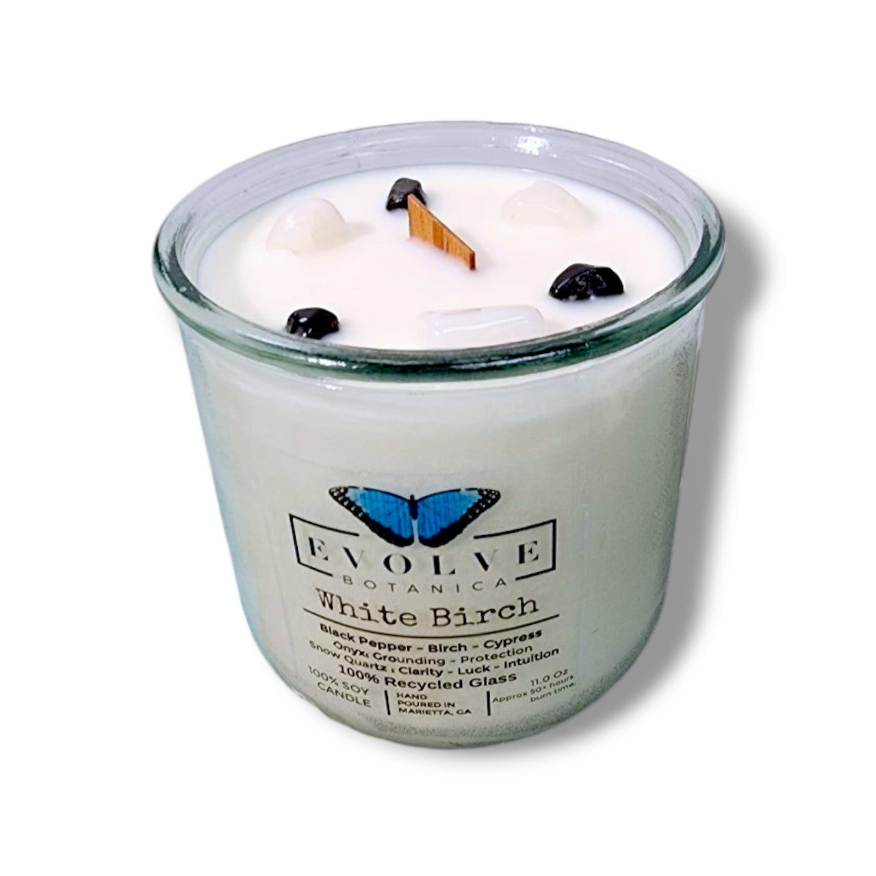White Birch Rocks candle with Snow Quartz & Onyx — clean birch & woodsy scent