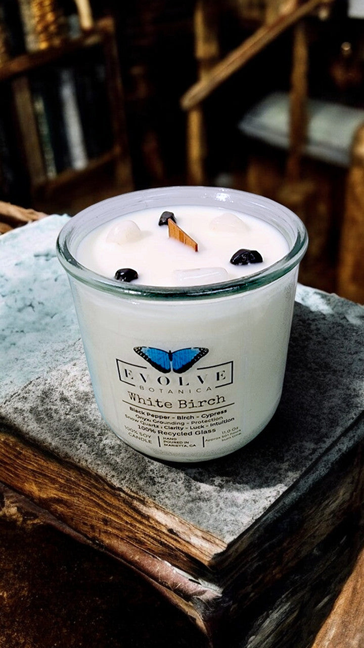 White Birch wood wick soy candle lit — fresh winter birch atmosphere
