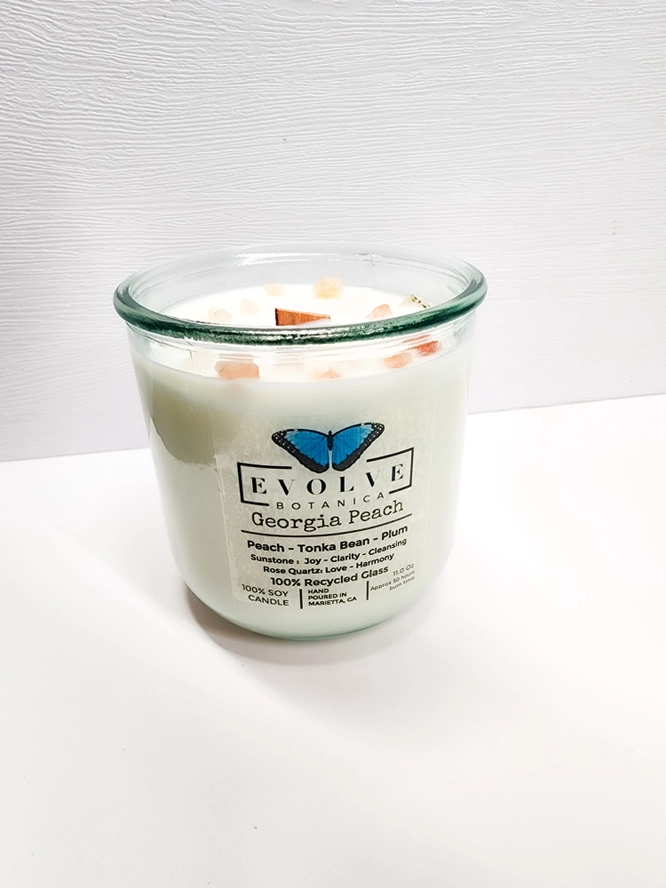 Georgia Peach candle top-down — wood wick, crystal-topped peach scent