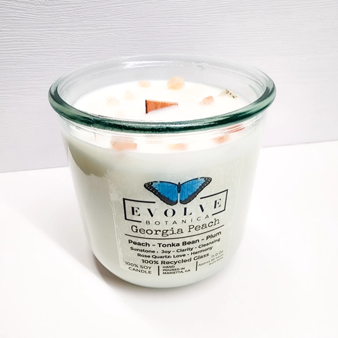 Georgia Peach wood wick soy candle lit — sweet southern summer atmosphere