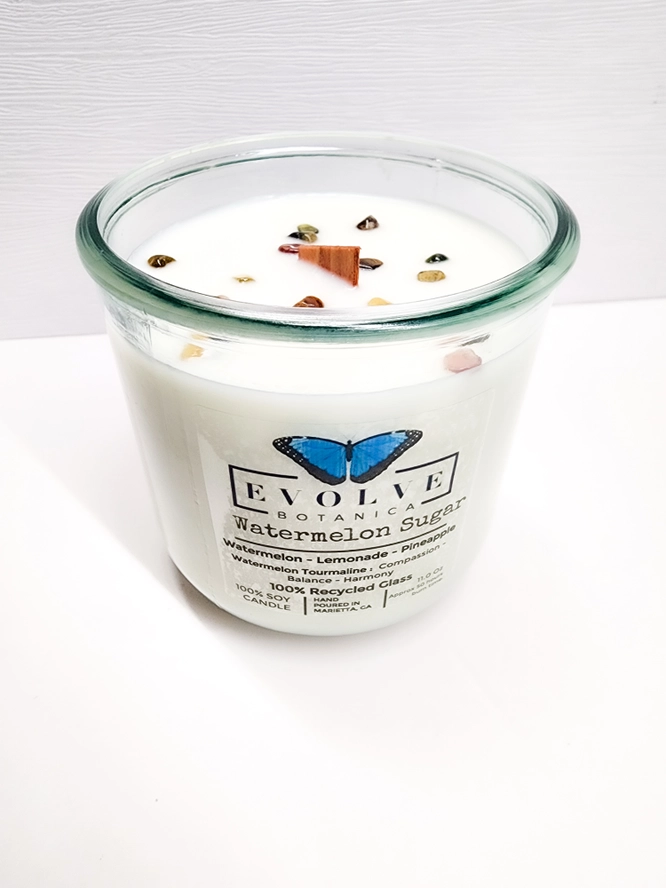 Watermelon Sugar wood wick soy candle lit — bright summer pool day atmosphere