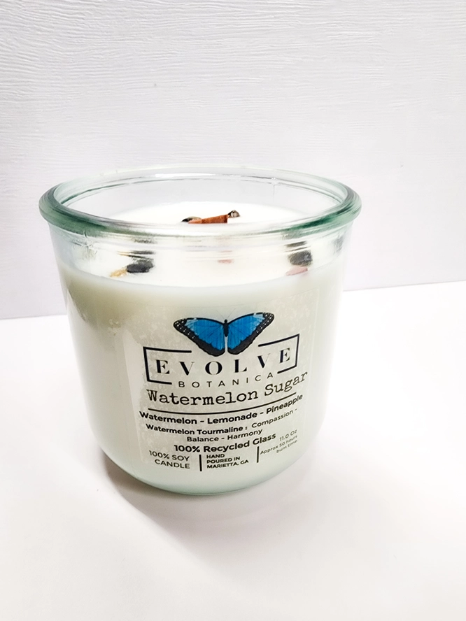 Watermelon Sugar candle top-down — wood wick, crystal-topped fruity summer scent