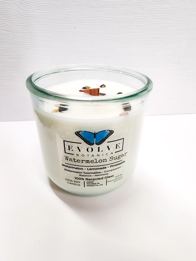 Watermelon Sugar Rocks candle styled with melon accents — summer party decor