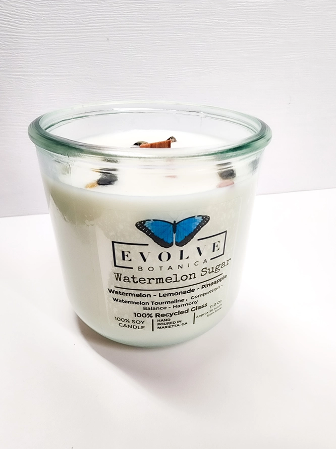 Watermelon Sugar candle from above showing handcrafted summer soy wax