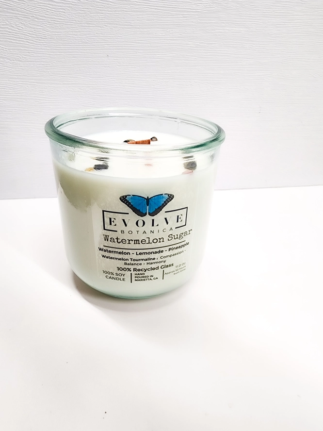 Watermelon Sugar Rocks candle in Evolve Botanica packaging — summer gift idea