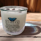 Evolve Botanica Bourbon Barrel Rocks Candle — wood wick soy candle topped with Tiger Eye, scented with bourbon, oak, smoke and tonka bean