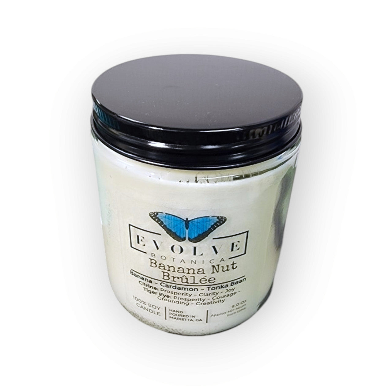 Evolve Botanica Classic 9oz Jam Jar Crystal Soy Candle - Banana Nut Brulee (Citrine & Tiger's Eye)