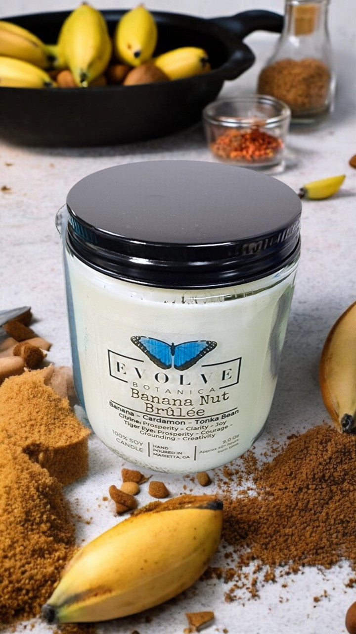 Evolve Botanica Classic 9oz Jam Jar Crystal Soy Candle - Banana Nut Brulee (Citrine & Tiger's Eye)