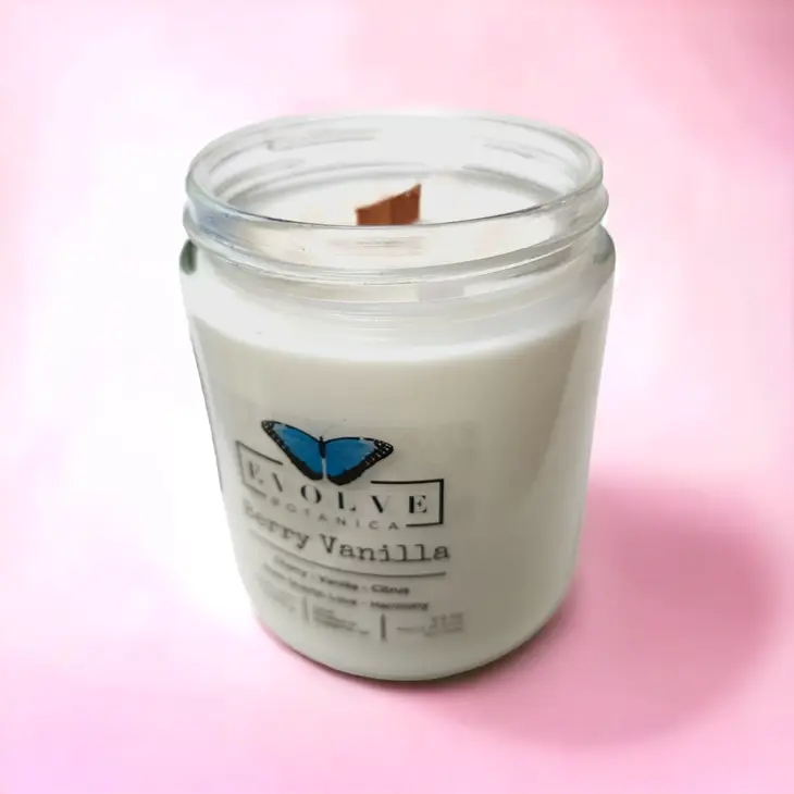 Classic 9oz Jam Jar Crystal Soy Candle - Berry Vanilla (Rose Quartz) Evolve Botanica