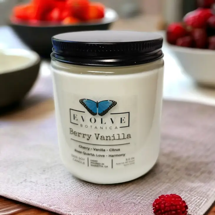 Classic 9oz Jam Jar Crystal Soy Candle - Berry Vanilla (Rose Quartz) Evolve Botanica