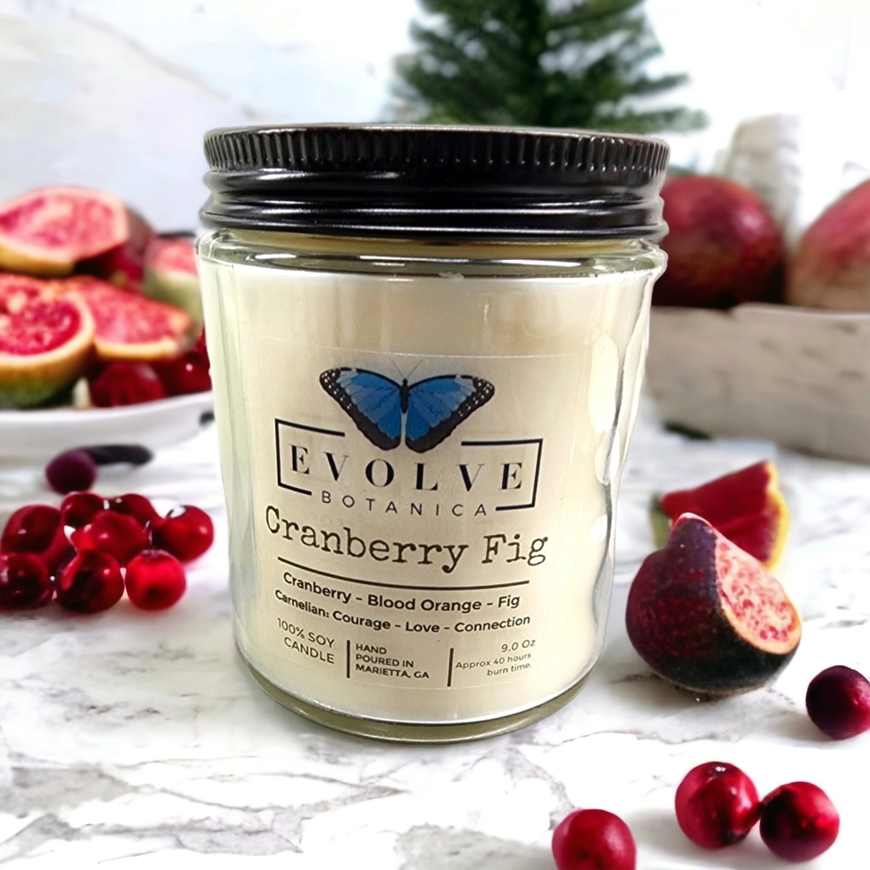 Evolve Botanica Classic 9oz Jam Jar Crystal Soy Candle - Cranberry Fig (Carnelian)