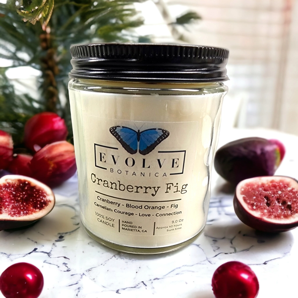 Evolve Botanica Classic 9oz Jam Jar Crystal Soy Candle - Cranberry Fig (Carnelian)