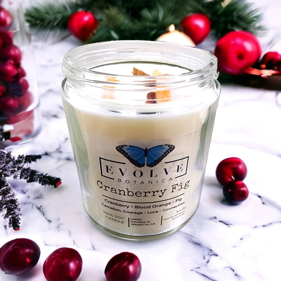 Evolve Botanica Classic 9oz Jam Jar Crystal Soy Candle - Cranberry Fig (Carnelian)