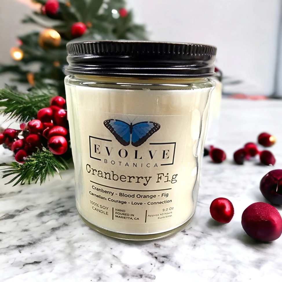 Evolve Botanica Classic 9oz Jam Jar Crystal Soy Candle - Cranberry Fig (Carnelian)