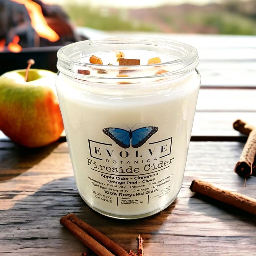 Evolve Botanica Classic 9oz Jam Jar Crystal Soy Candle - Fireside Cider (Carnelian & Tigers Eye)