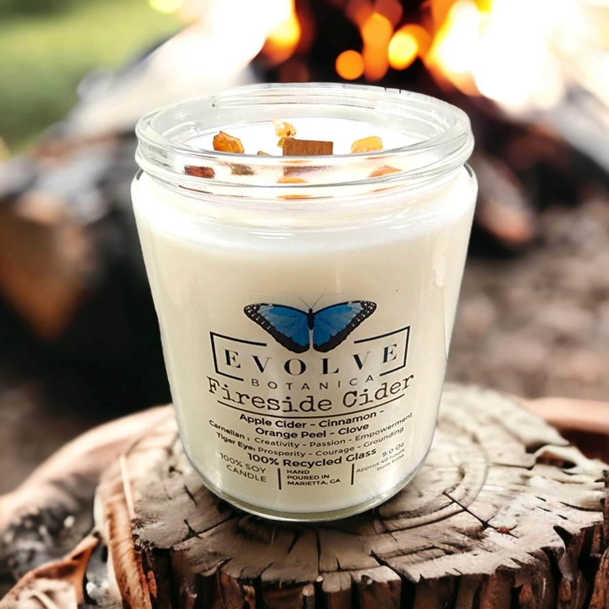 Evolve Botanica Classic 9oz Jam Jar Crystal Soy Candle - Fireside Cider (Carnelian & Tigers Eye)