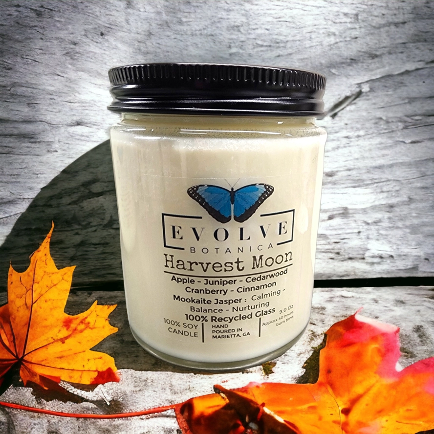 Evolve Botanica Classic 9oz Jam Jar Crystal Soy Candle - Harvest Moon (Mookite)