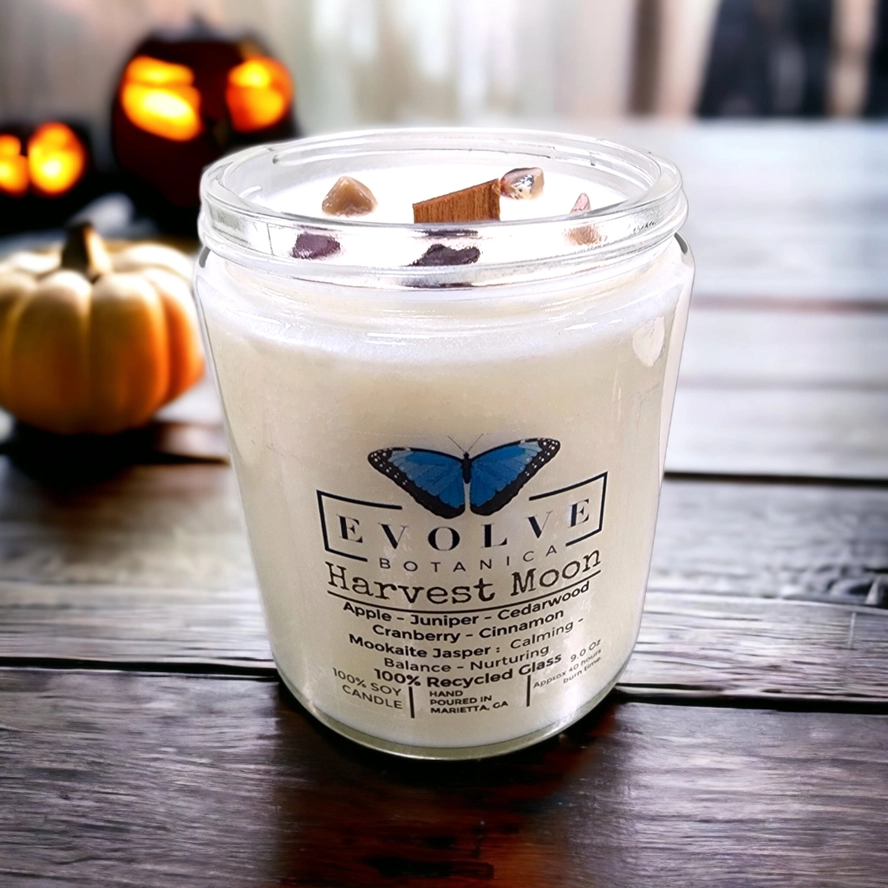 Evolve Botanica Classic 9oz Jam Jar Crystal Soy Candle - Harvest Moon (Mookite)